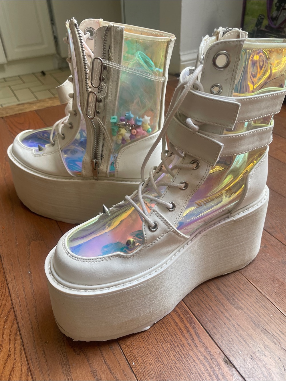 Demonia white holographic platform shoes